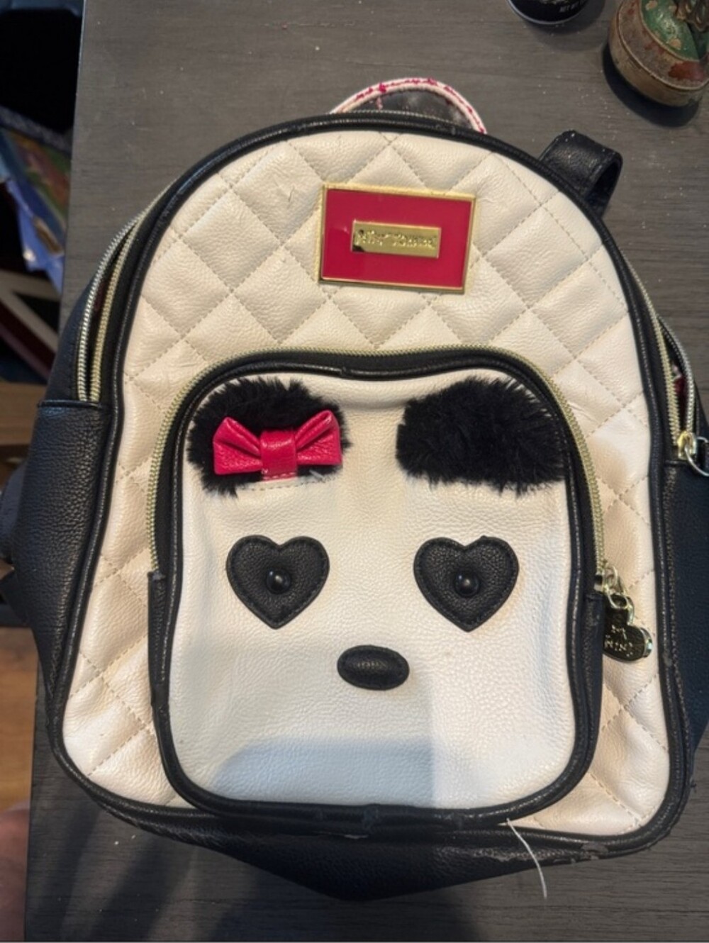 Betsey Johnson Panda Cream, Black & Pink Bow Quilted Mini Backpack